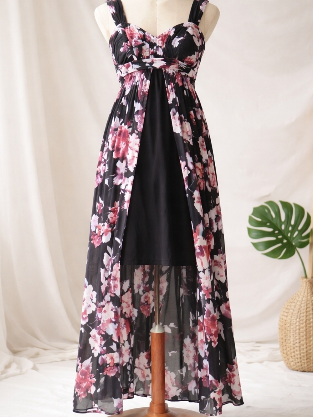 connected apparel Black Floral High-Low Maxi Dress with Pink Accents